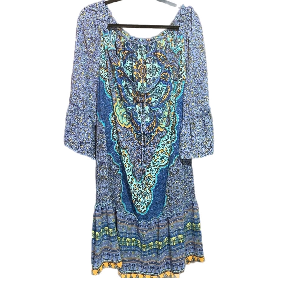 Sandra Darren Bohemian Floral Sheer Dress Off Shoulder Bell Sleeve Mandala L/Xl